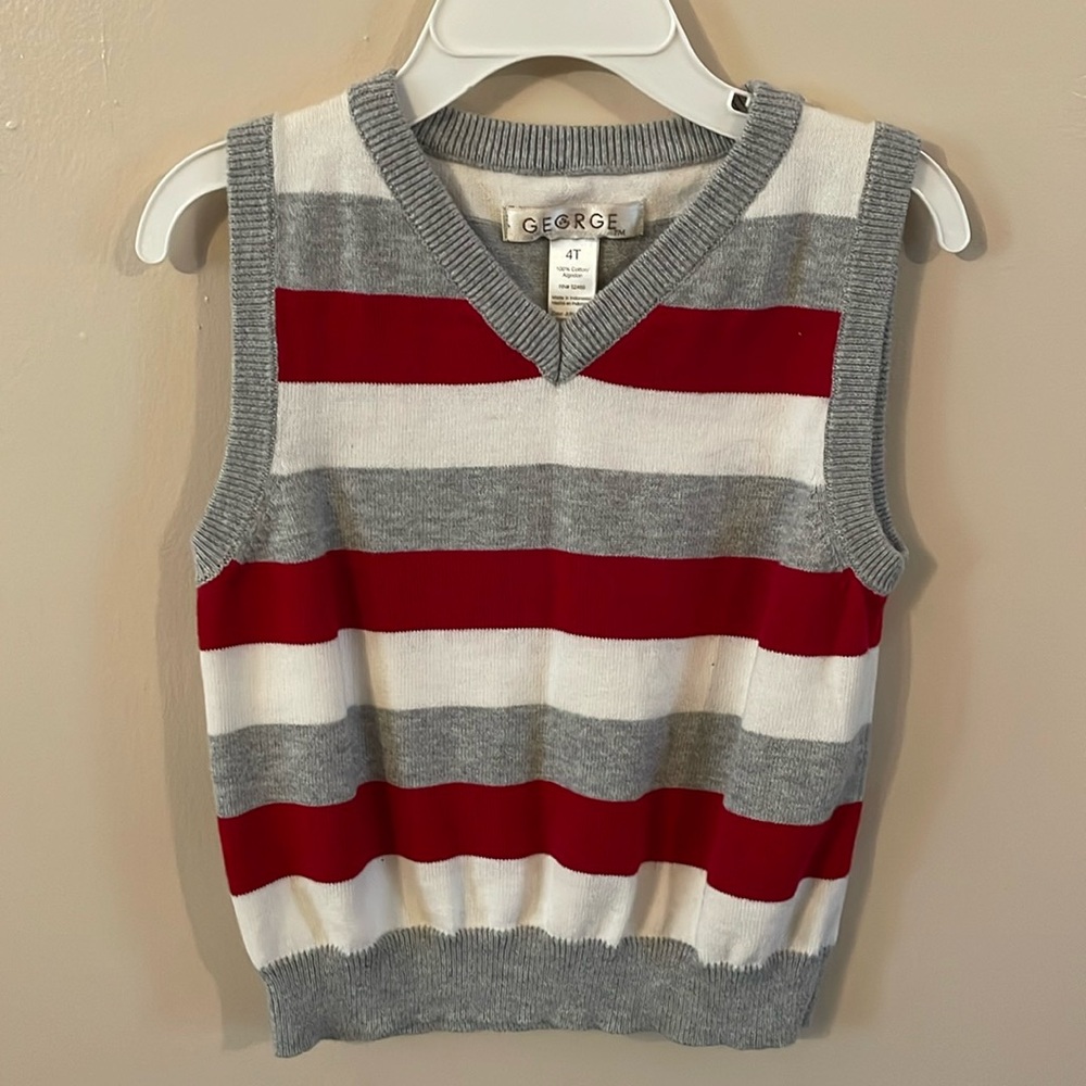 Boys size 4T George sweater vest red white and gray striped
